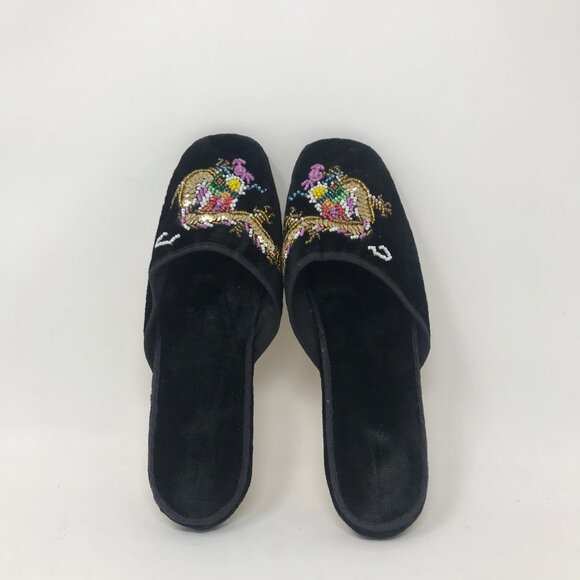 Vintage Chinese Asian Black Beaded Peacock Bird Velvet House Slippers 38 (7.5) - Picture 1 of 3